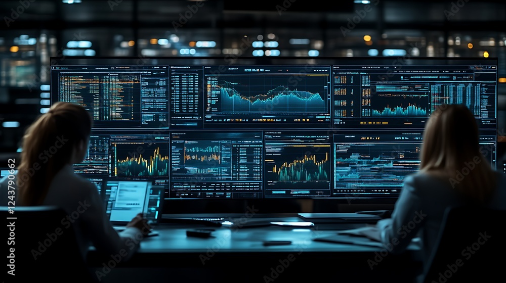 Two women analyzing financial data on large screens. Two women analyzing financial data on large screens.