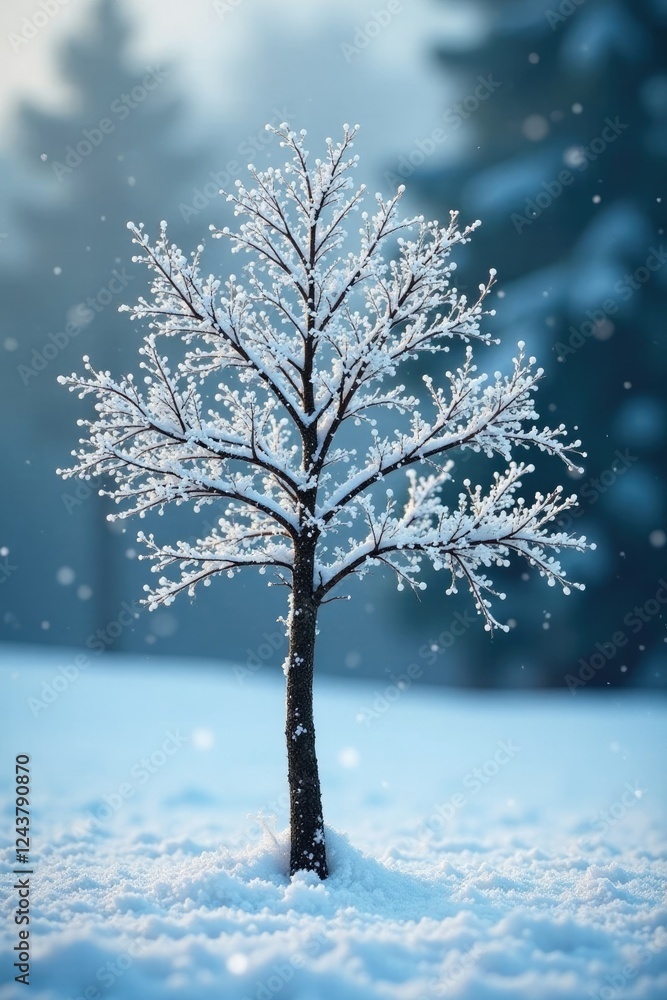 A gentle snowfall blankets a bare tree with delicate flakes, frozen world, icy A gentle snowfall blankets a bare tree with delicate flakes, frozen world, icy
