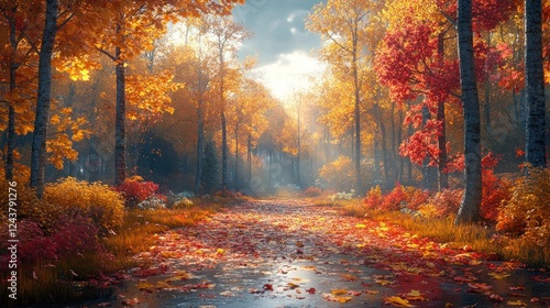 Autumnal Path  A Serene Forest Walk in Golden Hues
