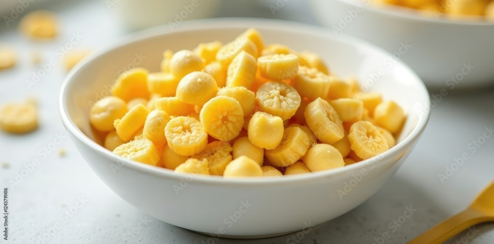 White ceramic bowl filled with crunchy corn flakes and milk on the table, white, ceramic, flat White ceramic bowl filled with crunchy corn flakes and milk on the table, white, ceramic, flat