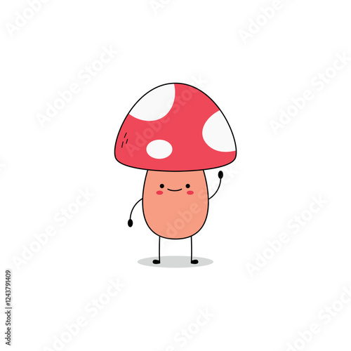 Cute mushroom cartoon character waving hand hi doodle