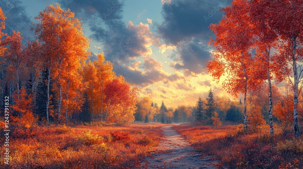 Autumnal Path: A Serene Sunset Walk Through Vibrant Fall Foliage Autumnal Path: A Serene Sunset Walk Through Vibrant Fall Foliage
