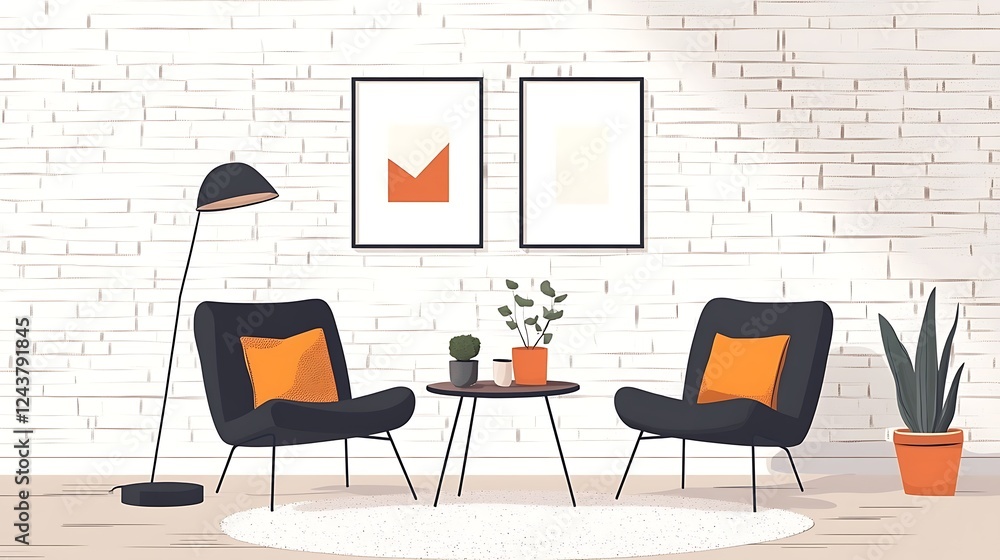 Fototapeta premium Modern minimalist living room with two armchairs and plants