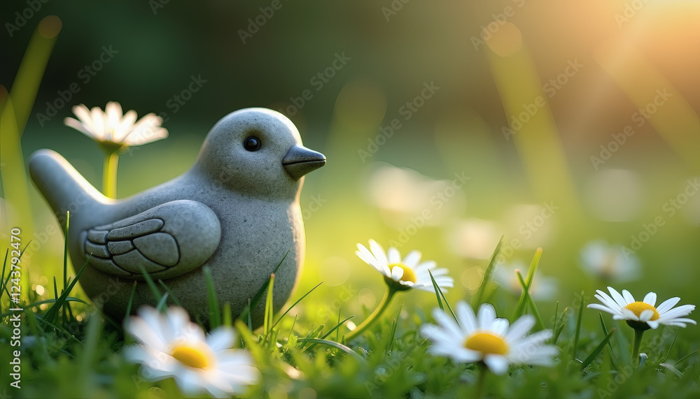 Fototapeta premium Decorative stone bird figurine surrounded by daisies in a sunlit garden