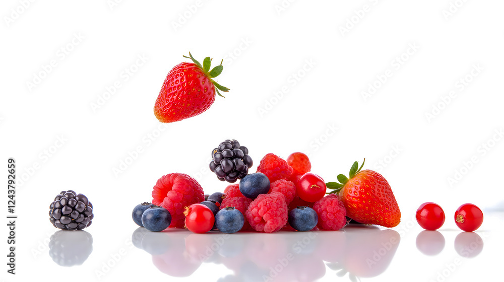 Fresh and Vibrant Assortment of Mixed Berries with Strawberries, Raspberries, Blackberries and Blueberries on a White Background Fresh and Vibrant Assortment of Mixed Berries with Strawberries, Raspberries, Blackberries and Blueberries on a White Background