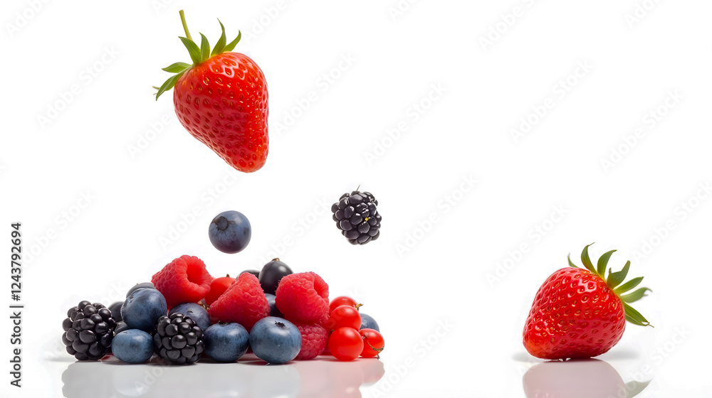 Fresh Berries Collection with Strawberries Raspberries Blueberries and Blackberries Falling in Midair on White Background Fresh Berries Collection with Strawberries Raspberries Blueberries and Blackberries Falling in Midair on White Background