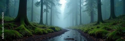 Fog settled over the wet ground of a misty forest floor, misty, Oregon