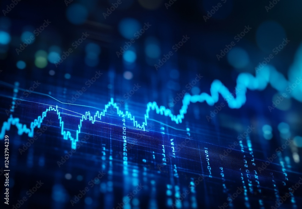 Blue stock market graph on screen, city lights blurred background, financial analysis Blue stock market graph on screen, city lights blurred background, financial analysis