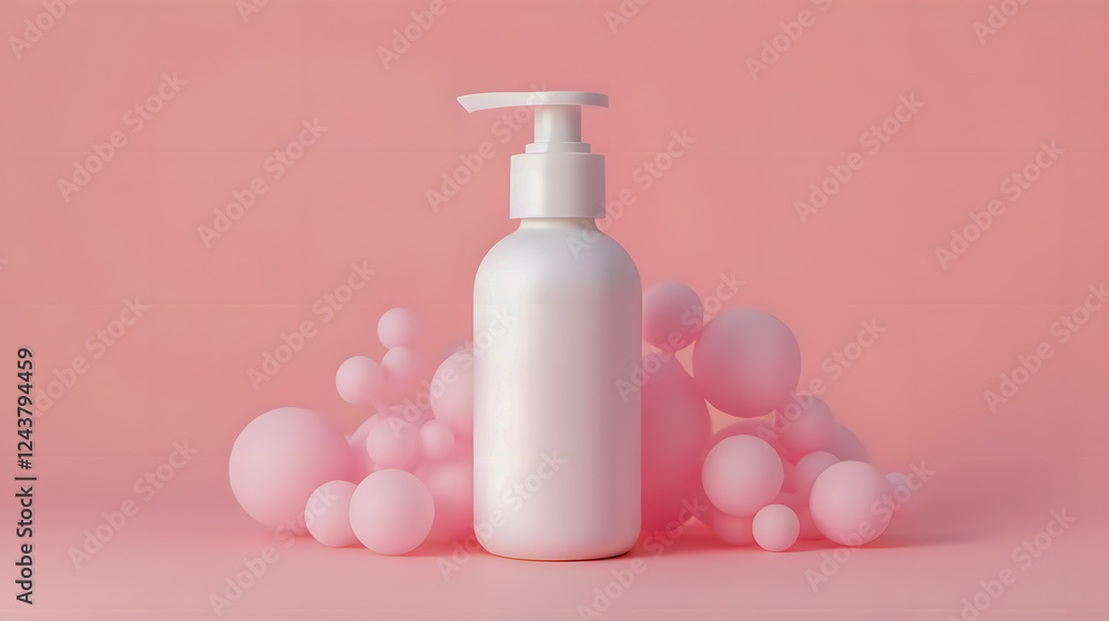 Minimalist White Pump Bottle Surrounded by Soft Pink Bubbles on a Light Pink Background, Ideal for Beauty or Skincare Product Display Minimalist White Pump Bottle Surrounded by Soft Pink Bubbles on a Light Pink Background, Ideal for Beauty or Skincare Product Display