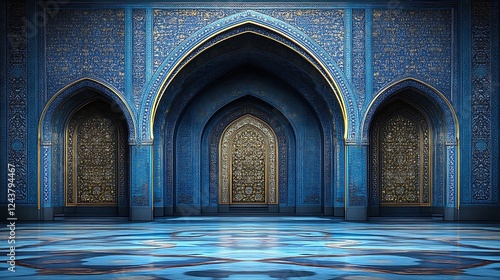 Majestic Blue Palace Interior With Golden Accents And Arched Entryways