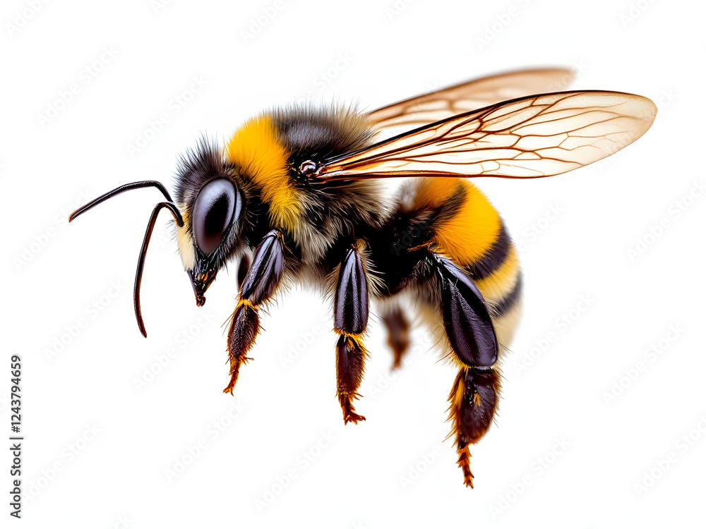 The detail bee turned to the left with yellow-black stripes—close-up view. The detail bee turned to the left with yellow-black stripes—close-up view.