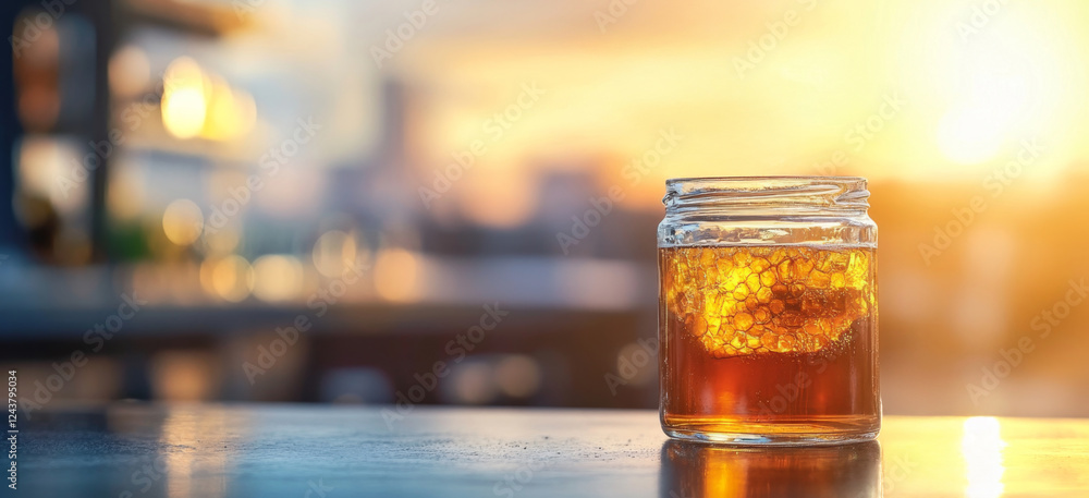 A jar filled with organic honey sits on a table as the sun sets in the background. The golden light reflects off the honey, creating a warm and inviting atmosphere. A jar filled with organic honey sits on a table as the sun sets in the background. The golden light reflects off the honey, creating a warm and inviting atmosphere.