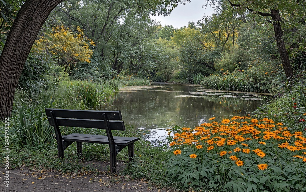 Naklejka premium Serene park bench by tranquil pond with autumnal flowers.