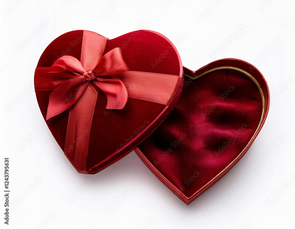 valentine s day chocolate box in the shape of an isolated heart on a white background with a half open lid red colored velvet fabric and red ribbon valentine s day chocolate box in the shape of an isolated heart on a white background with a half open lid red colored velvet fabric and red ribbon