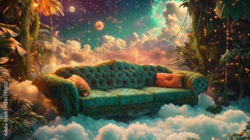 A sofa floating in a galaxy with stars and planets around it. A dreamlike setting with a couch on fluffy clouds in a pastel sky. A magical forest with glowing plants and a moss-covered sofa.