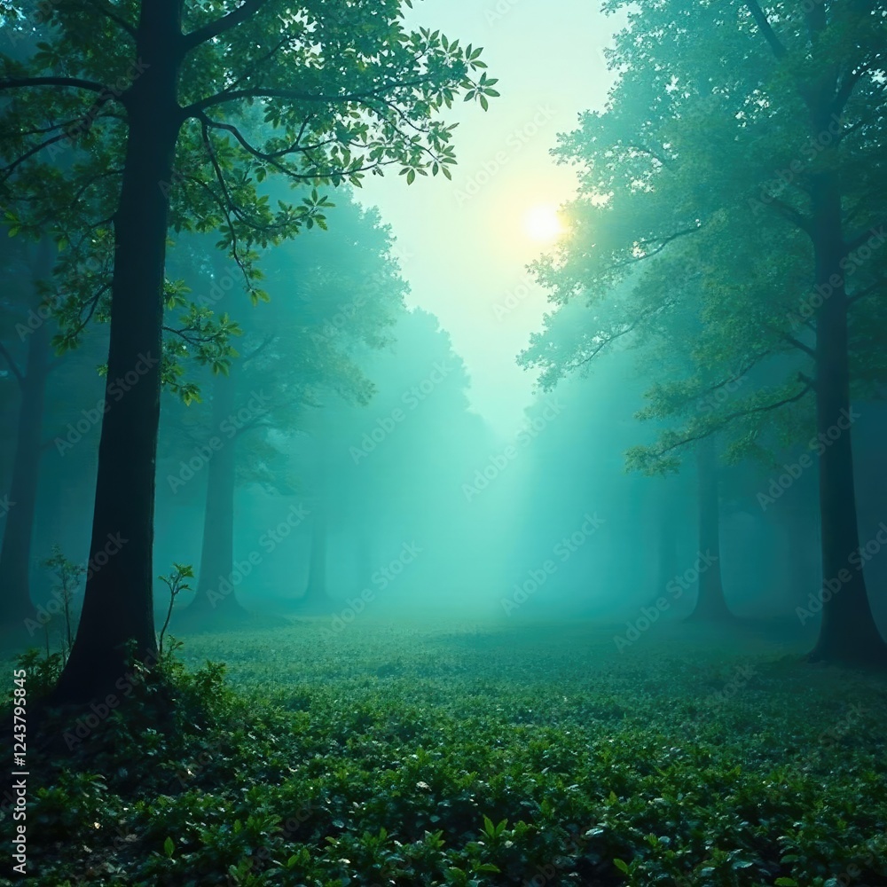 Obraz premium Soft blue misty gradient over a serene forest landscape at dawn, green, nature