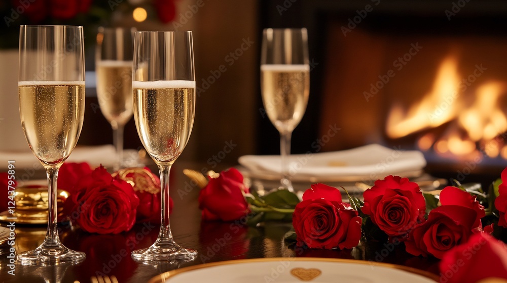 Side perspective of a private Valentines dinner table near a fireplace with champagne glasses red roses and gold accented tableware no people Side perspective of a private Valentines dinner table near a fireplace with champagne glasses red roses and gold accented tableware no people