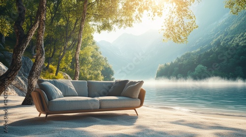 A sofa placed in the middle of a forest with sunlight filtering through the trees. A beachside setting with a cozy couch on white sand facing the ocean. A floating sofa on a serene lake with misty 
