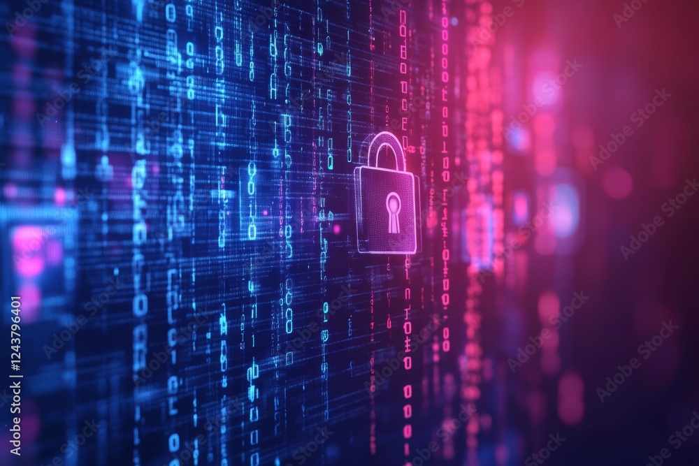 Obraz premium An abstract depiction of cybersecurity, with padlocks, encrypted codes, and binary digits in the background, minimal background with copy space