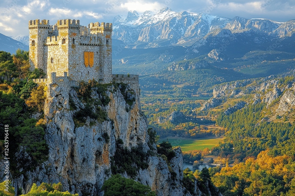 Majestic castle perched on rocky cliff with breathtaking mountain backdrop and vibrant autumn foliage in the valley below Majestic castle perched on rocky cliff with breathtaking mountain backdrop and vibrant autumn foliage in the valley below