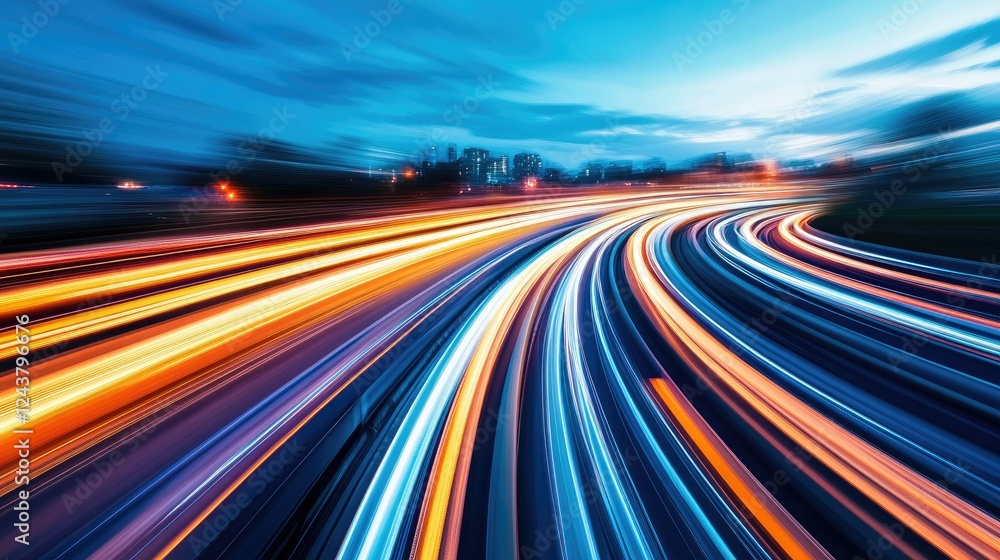 Fast-moving light trails in a deep blue gradient, representing futuristic motion technology Fast-moving light trails in a deep blue gradient, representing futuristic motion technology