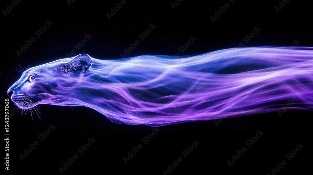 Fototapeta premium Long exposure shot of fluid light waves forming smooth glowing curves, electric purple and cyan hues, surreal and immersive effect