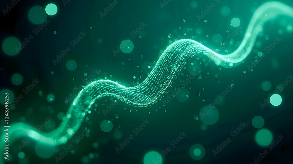 Abstract Green Wave of Light Particles Flowing in Dynamic Motion Over a Dark Background for Background and Texture Use Abstract Green Wave of Light Particles Flowing in Dynamic Motion Over a Dark Background for Background and Texture Use