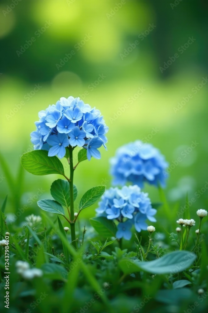 Light blue colored hydrangeas in a lush meadow with delicate grass and flowers texture, leafy, soft focus Light blue colored hydrangeas in a lush meadow with delicate grass and flowers texture, leafy, soft focus
