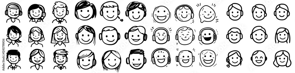 Variety of cartoon faces showcasing different emotions and expressions in a simple, playful style Variety of cartoon faces showcasing different emotions and expressions in a simple, playful style