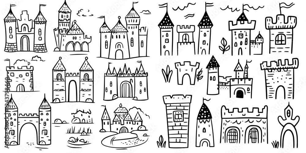 Various castle designs featuring towers, walls, and flags in a whimsical, hand-drawn style Various castle designs featuring towers, walls, and flags in a whimsical, hand-drawn style