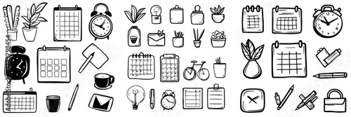 Various hand-drawn illustrations of clocks, calendars, and stationery items for organization and planning