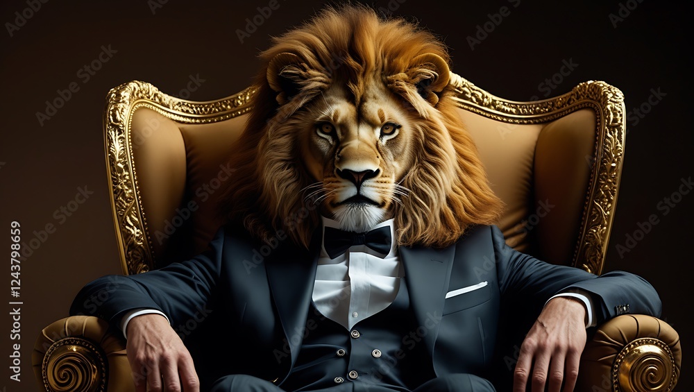 Fototapeta premium Majestic lion in a formal suit, regal animal portrait with a powerful and elegant business-themed design