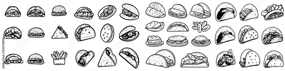 Collection of delicious tacos and burgers illustrated in a fun, artistic style showcasing various fillings and toppings for a tasty experience Collection of delicious tacos and burgers illustrated in a fun, artistic style showcasing various fillings and toppings for a tasty experience