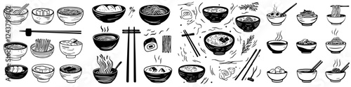 Delicious variety of noodle dishes displayed across multiple bowls with chopsticks in an artistic illustration
