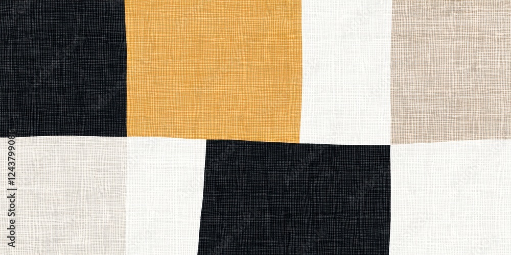 Fototapeta premium Black and white checkerboard fabric pattern. Woven texture with beige accents in flat lay. Minimal contrast design for modern branding. Use for backgrounds and textile mockups.