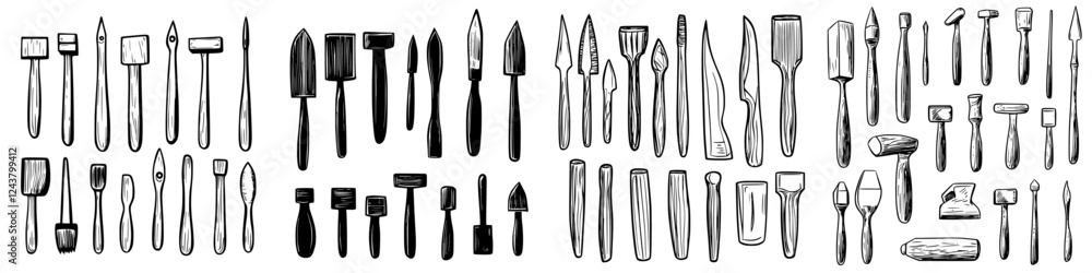 Various hand tools displayed in an organized manner for craft and construction activities Various hand tools displayed in an organized manner for craft and construction activities