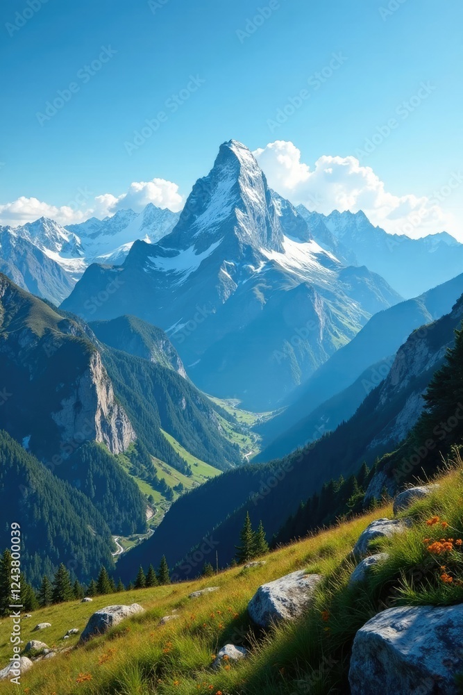 Fototapeta premium Majestic mountain range stretches far into the horizon, blue sky above, horizon, scenery