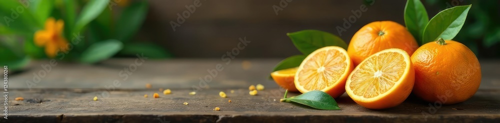 Mandarin orange wedges on a rustic wooden table with a lush plant nearby, nature, plants Mandarin orange wedges on a rustic wooden table with a lush plant nearby, nature, plants