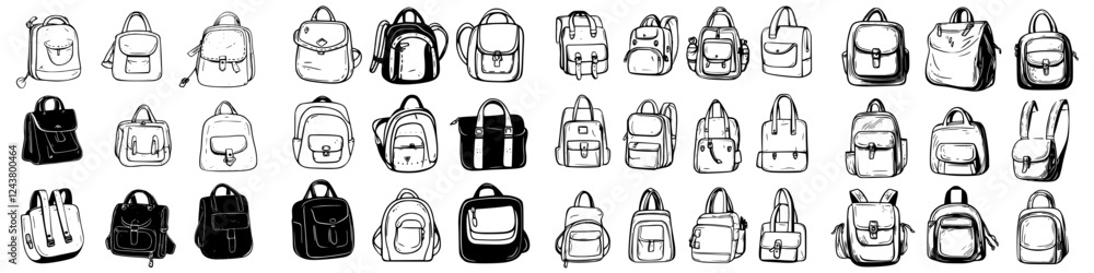 Collection of backpack designs displayed in a variety of styles and shapes against a plain background Collection of backpack designs displayed in a variety of styles and shapes against a plain background