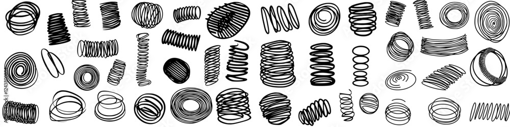Black and white abstract spiral designs showcasing various shapes and lines in a creative arrangement across a white background Black and white abstract spiral designs showcasing various shapes and lines in a creative arrangement across a white background
