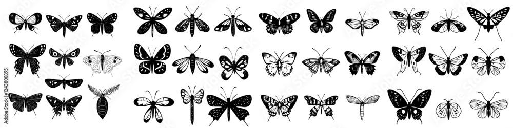 Various illustrations of butterflies and moths in different styles and patterns on a white background Various illustrations of butterflies and moths in different styles and patterns on a white background