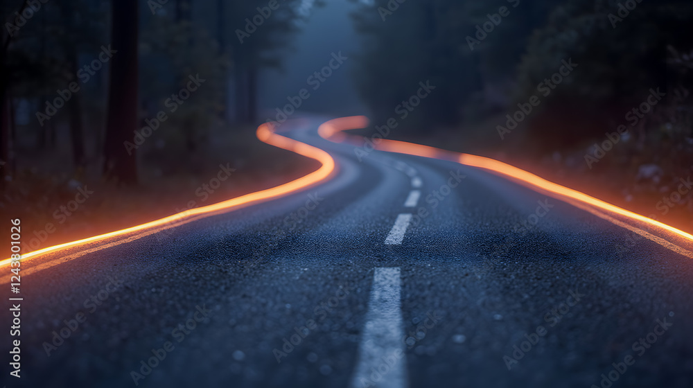 Obraz premium Serpentine Road with Glowing Orange Light in Foggy Forest at Dusk, Evoking Mystery and Tranquility in Nature's Beauty