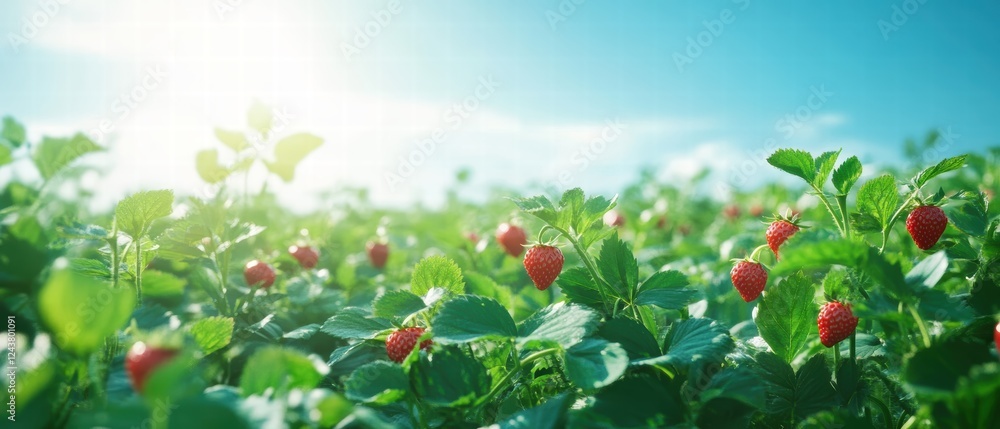 Fresh Strawberries Growing in a Lush Green Field Under Bright Blue Sky with Gentle Sunlight Fresh Strawberries Growing in a Lush Green Field Under Bright Blue Sky with Gentle Sunlight