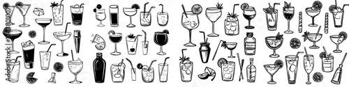 Variety of cocktails and drinks displayed in black and white illustration
