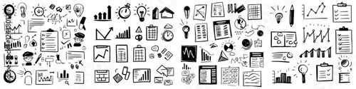 Doodles of office tools and graphs capture the essence of business planning and analytics