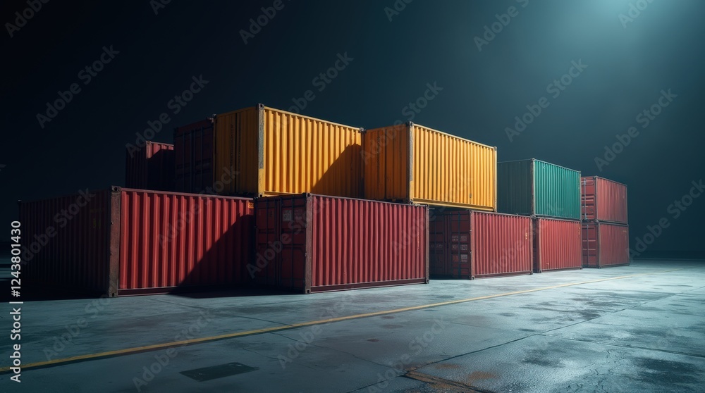 Fototapeta premium Stacked Containers Create a Striking Visual at a Shipping Yard During Nighttime Hours