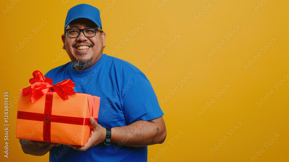 Delightful deliveries with a focus on customer happiness. African American delivery man in a t-shirt and cap, joyfully holding a gift box present with a neat bow. Satisfaction and excellent service. Delightful deliveries with a focus on customer happiness. African American delivery man in a t-shirt and cap, joyfully holding a gift box present with a neat bow. Satisfaction and excellent service.