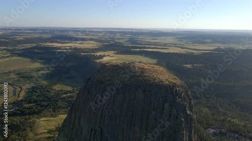 Drone Shot of Devils Tower: Majestic Monolithic Volcanic Butte in Wyoming