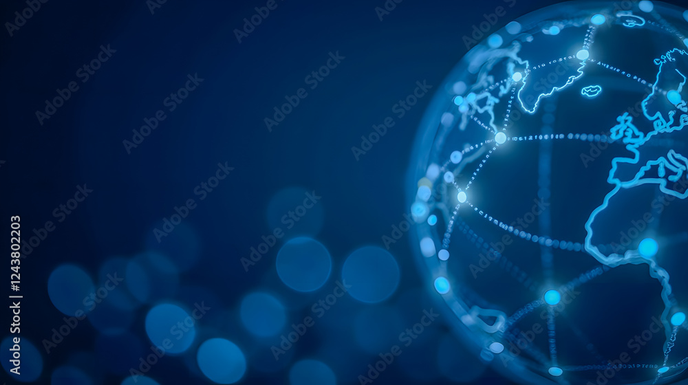 Digital Global Network Background with Connected Points and Lines on a Blue Sphere Representing International Communication and Technology Trends Digital Global Network Background with Connected Points and Lines on a Blue Sphere Representing International Communication and Technology Trends