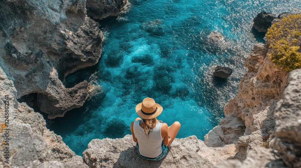 Woman Enjoying Scenic View from Rocky Ledge Overlooking Crystal Clear Ocean Waters Woman Enjoying Scenic View from Rocky Ledge Overlooking Crystal Clear Ocean Waters